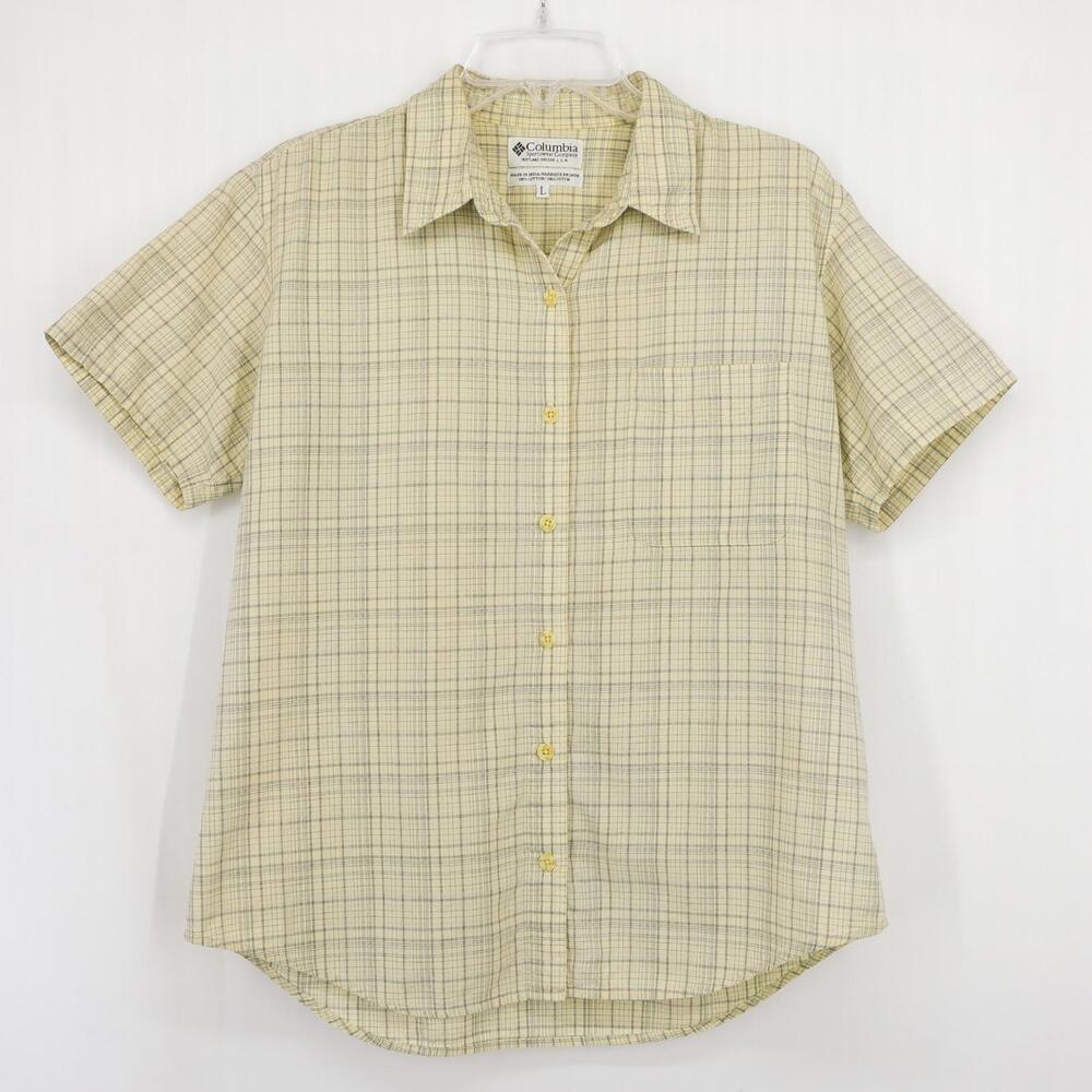 Columbia Sportswear Men’s Large Plaid Button Up Shirt Beige Tan Short Sleeve